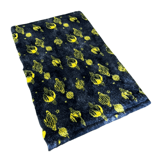 Pawstrading™ Premium Navy Cosmic Planets YELLOW Anti-Slip Backed Veterinary Fleece Vet Bedding