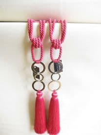 2 Pink & Chrome Curtain Tie Backs Tiebacks Jones Cerise Silver Rings Fabric