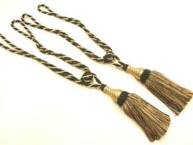 2 Prince Black & Gold Curtain Tassel Tiebacks Tie Backs PAIR Cord Cable Fabric