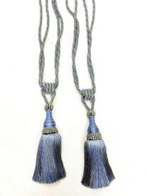 2 Prince Blue Curtain Tassel Tiebacks Tie Backs PAIR Cord Cable Fabric