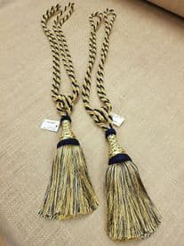2 Prince Blue & Yellow Curtain Tassel Tiebacks Tie Backs PAIR Cord Cable Fabric
