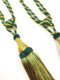 2 Prince Green & Gold Curtain Tassel Tiebacks Tie Backs PAIR Cord Cable Fabric