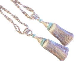 2 Prince Pink & Mint Curtain Tassel Tiebacks Tie Backs PAIR Cord Cable Fabric