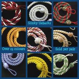 2 Rope curtain tiebacks - slender slinky rope cord drape hold backs fabric ties