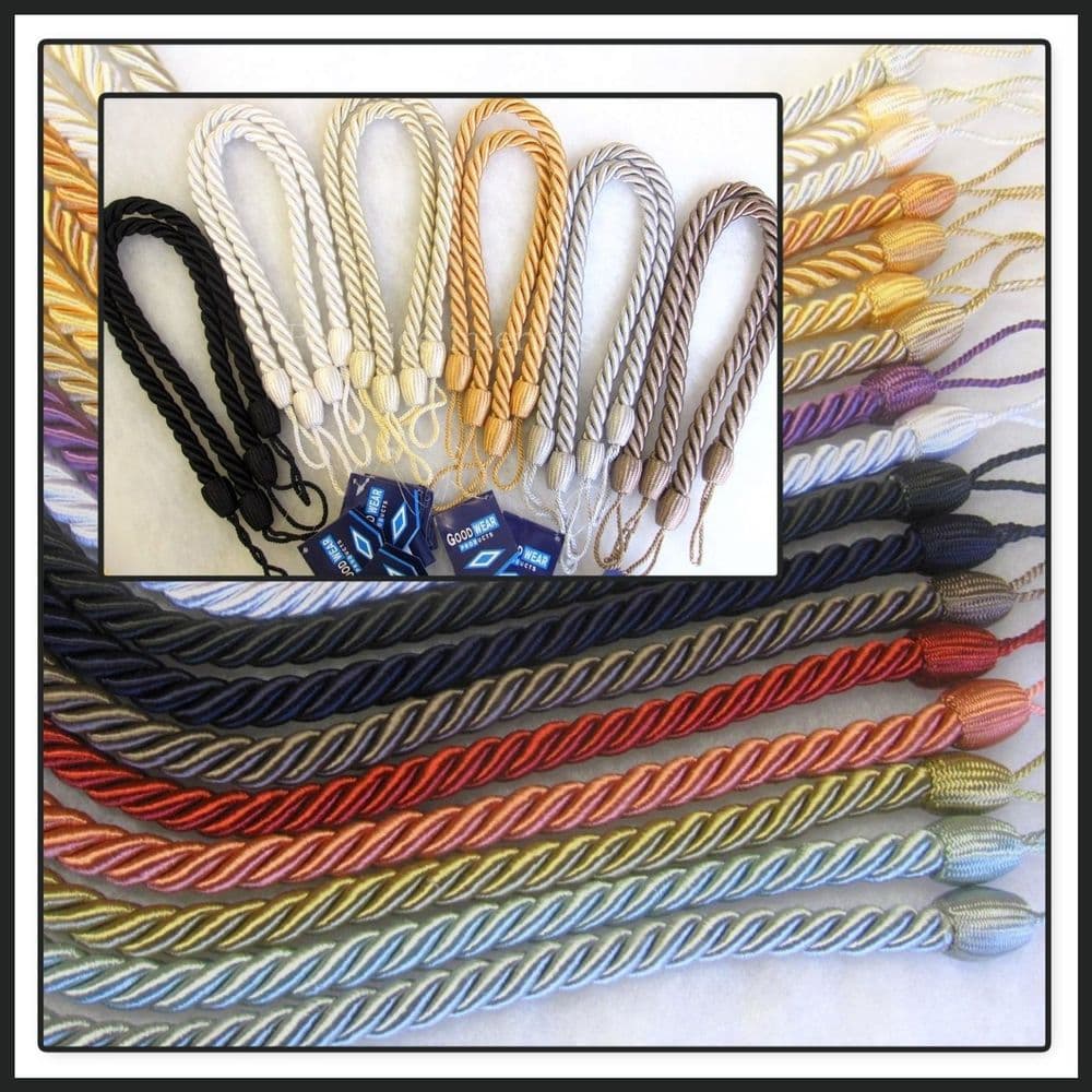 2 slim rope curtain tie backs 65cm Slinky twist cable cord tiebacks