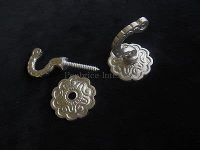 6 Rosette curtain tassel hooks - Matt silver round wall or door coat hook - 4cm