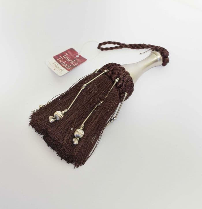 Brown & silver key tassel with silver decorative beads