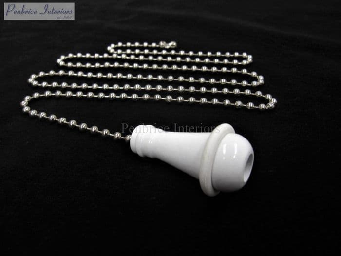 White Traditional cord pull with silver non rust chain - Light bathroom weight