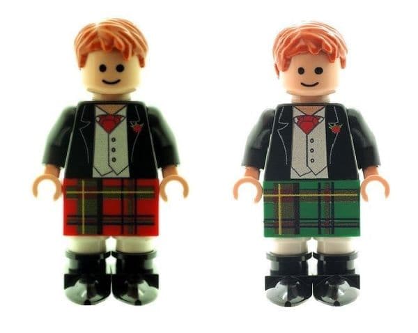 2 x Scottish Grooms - Best Man in Kilts (Green & Red) - Custom Designed Minifigures