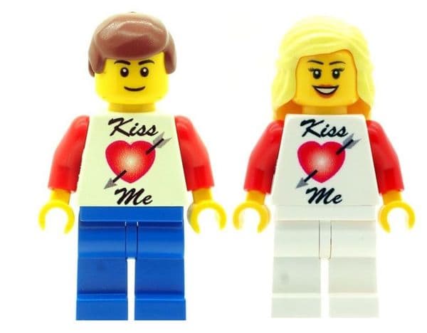 Boy and Girl with Kiss Me T-Shirt. Perfect for Valentines Day - Custom Designed Minifigures