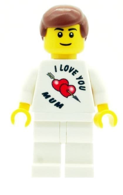 Boy with I Love You Mum T-Shirt for Mothers Day, Birthday or any other Special Occasions - Custom Designed Minifigure