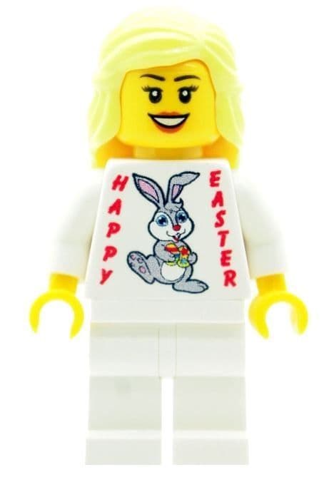 Girl with Happy Easter (Easter Bunny & Eggs) T-shirt - Custom Designed Minifigure