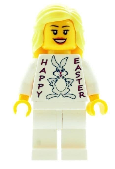 Girl with Happy Easter (Easter Bunny) T-shirt - Custom Designed Minifigure