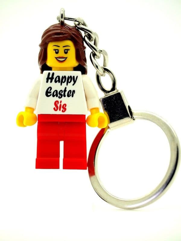 Girl with Happy Easter Sis T-shirt as a Key Ring - Custom Designed Minifigure