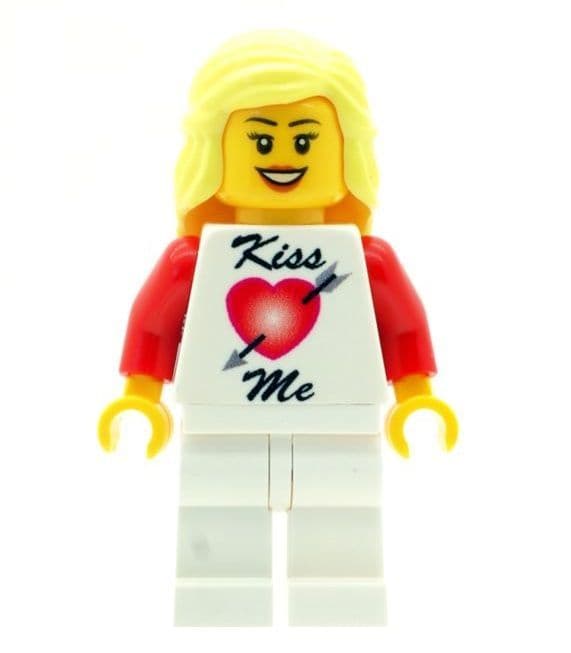 Girl with Kiss Me T-Shirt. Perfect for Valentines Day - Custom Designed Minifigure