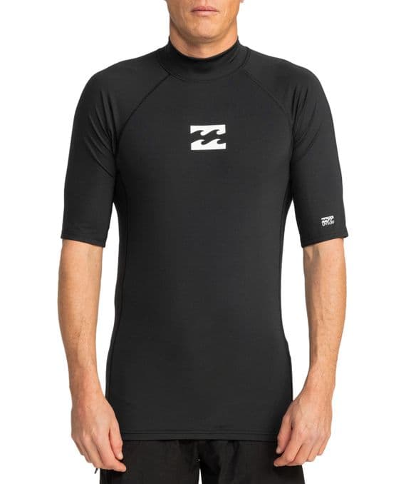 BILLABONG MENS RASH GUARD VEST.WAVES BLACK ALL DAY SHORT SLEEVED UPF50+ TOP S26