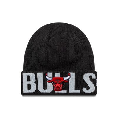 NEW ERA CHICAGO BULLS WOOLLY HAT.NBA WORDMARK KNIT BLACK BASKETBALL BEANIE W25
