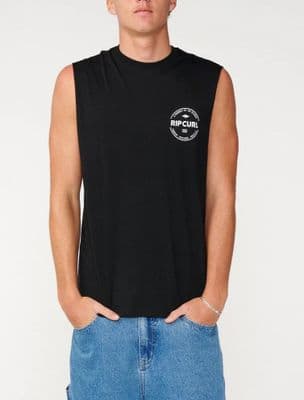 RIP CURL MENS MUSCLE VEST.NEW BLACK STAPLE SLEEVELESS BACKPRINT GYM TANK TOP S26