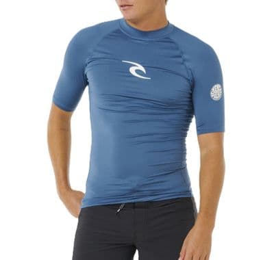RIP CURL MENS RASH VEST.WAVES SHORT SLEEVED BLUE UV UPF50+ SUN GUARD TOP S26
