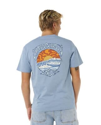 RIP CURL MENS T SHIRT.HAZEY DAYS BLUE BACKPRINT COTTON SHORT SLEEVED TOP TEE S26
