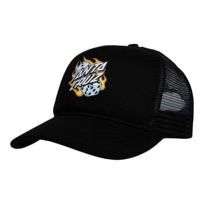 SANTA CRUZ MENS TRUCKER CAP.NEW FLAMING DICE DOT MESHBACK BLACK SNAP HAT S26