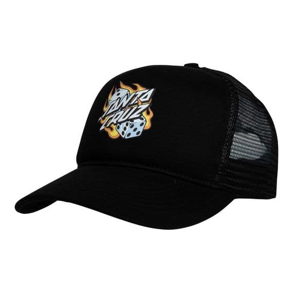 SANTA CRUZ MENS TRUCKER CAP.NEW FLAMING DICE DOT MESHBACK BLACK SNAP HAT S26