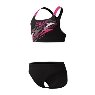 SPEEDO GIRLS 2 PIECE BIKINI SWIMSUIT.NEW MEDLEY BLACK PINK SWIMMING COSTUME S26