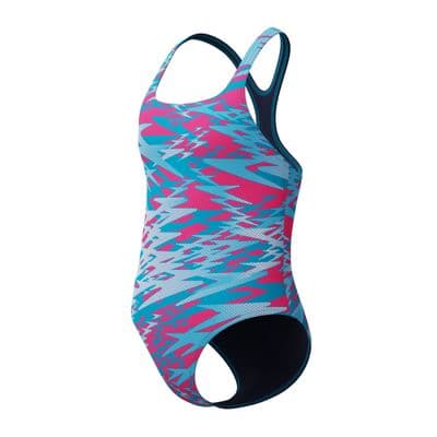 SPEEDO GIRLS SWIMSUIT. HYPERBOOM PRINT PINK BLUE MEDALIST SWIMMING COSTUME S26