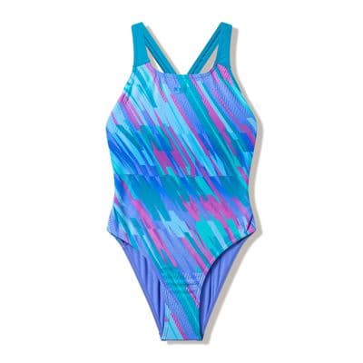 SPEEDO GIRLS SWIMSUIT.NEW PRINT POWERBACK BLUE PINK SCHOOL SWIMMING COSTUME W26