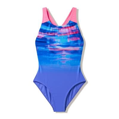 SPEEDO GIRLS SWIMSUIT.NEW PRINT SPLASHBACK BLUE PINK SCHOOL SWIMMING COSTUME W26