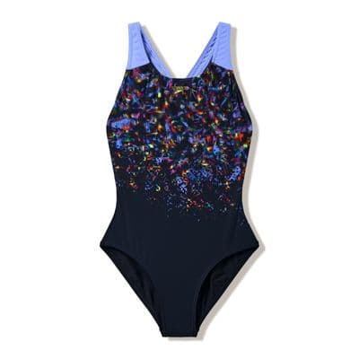 SPEEDO GIRLS SWIMSUIT.PRINT SPLASHBACK BLACK PURPLE SCHOOL SWIMMING COSTUME W26