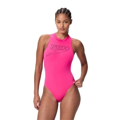 SPEEDO WOMENS HYDRASUIT SWIMSUIT.ZIPPED PINK BUST SUPPORT SWIMMING COSTUME S26