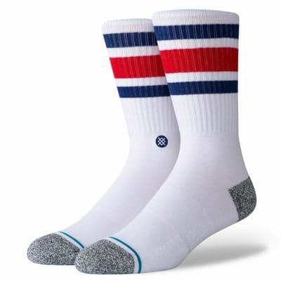 STANCE BOYD CREW SOCKS.NEW STRIPED BLUE WHITE ARCH SUPPORT CUSHIONED CALF W26