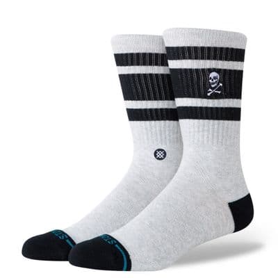 STANCE BOYD SKULL CREW SOCKS.NEW GREY BLACK STRIPED CUSHIONED SUPPORT CALF S26