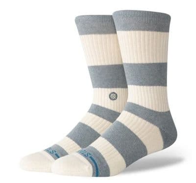 STANCE FRED CREW SOCKS. DENIM BLUE STRIPED CUSHIONED PATTERN CALF UK 6-13 W25