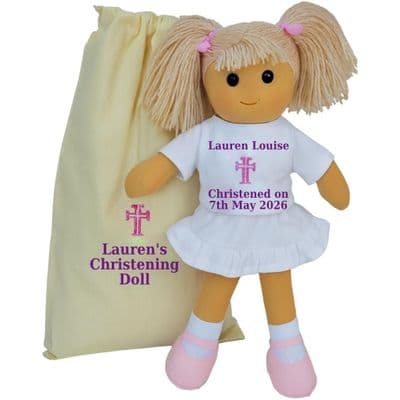 Personalised Christening Rag Doll & Bag - Casey -