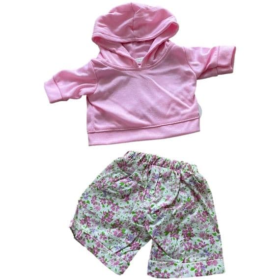 Personalised Teddy Bear Pink Hooded Top and Floral Trousers