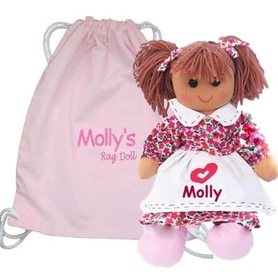 Personalised Rag Doll Purple Pink Floral Dress & Bag