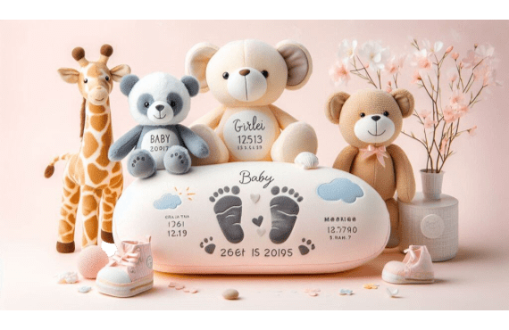 Mumbles Zippie teddy bears with personalised embroidered birth details on their tummies, including name, date, time, and weight.