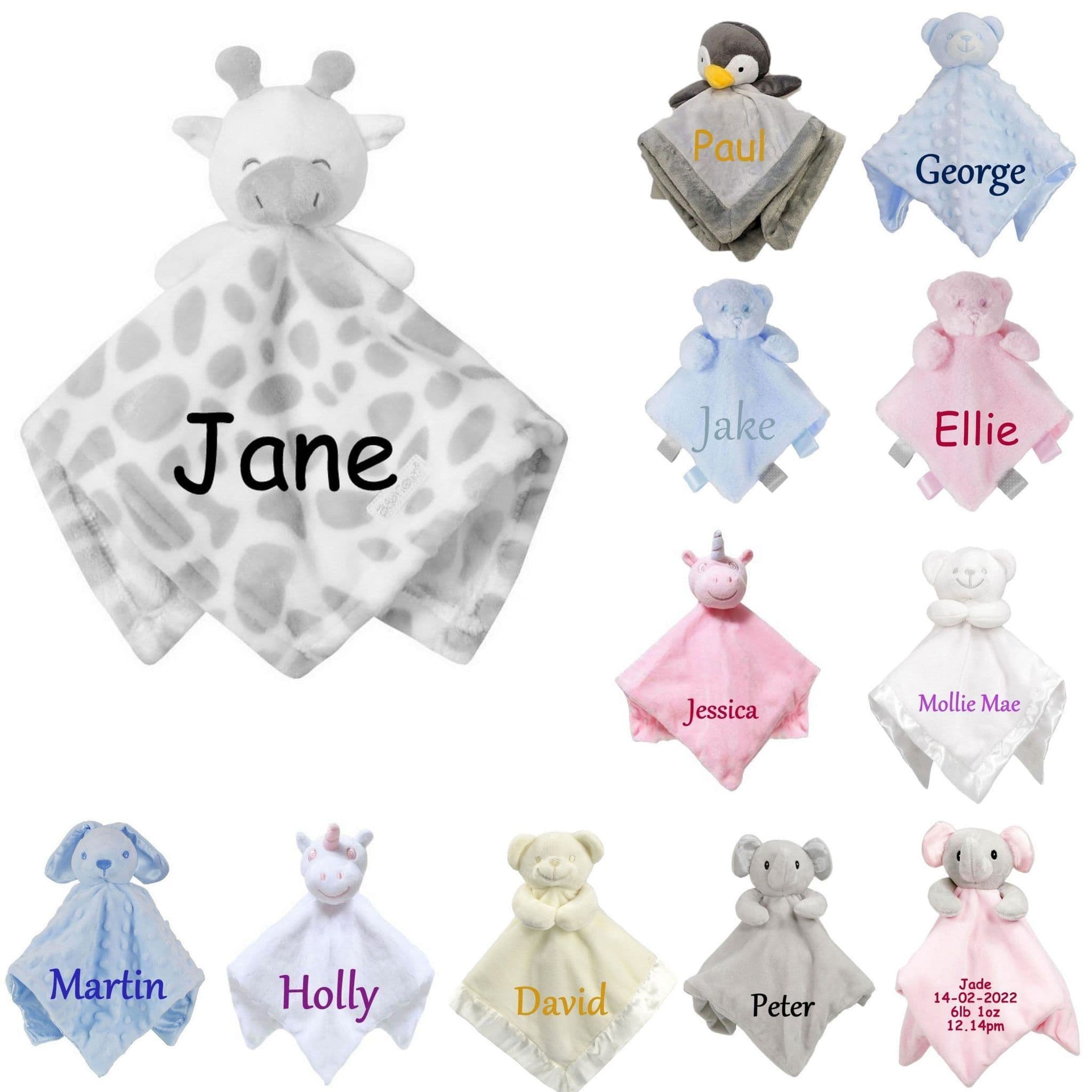 Personalised Baby Comfort Blankets Soft personalised baby comforter with custom embroidered name, designed for newborns and infants