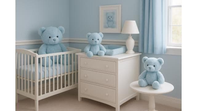Soft plush baby boy teddy bear, personalised with name for newborn gift.