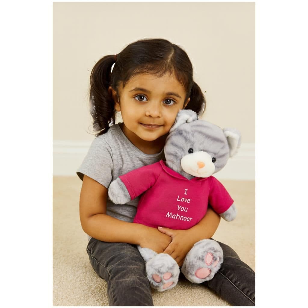 Personalised Grey Tabby Cat with embroidered message.