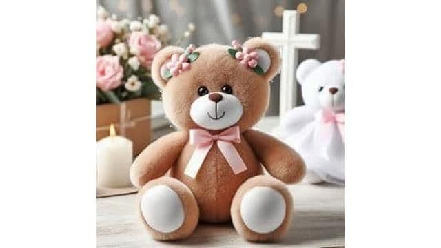 Personalised christening teddy bear with custom message, soft plush baby gift.