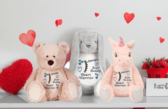 Personalised Scar Buddy bears with embroidered names for comfort and recovery gifts