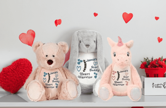 Personalised Scar Buddy teddy bears with stitched surgical scars and custom names, designed to comfort children undergoing medical procedures.
