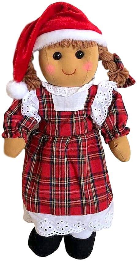 Personalised Christmas Dolls Soft rag dolls wearing christmas themed clothing, personalised with embroidered names and holiday designs, perfect as unique christmas gifts
