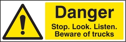 14205M Danger stop/look/listen beware of trucks Rigid Plastic (600x200mm) Safety Sign