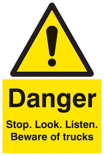 14205P Danger stop/look/listen beware of trucks Rigid Plastic (600x400mm) Safety Sign