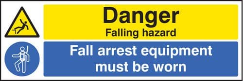 16457G Danger falling hazard fall arrest equipment must be worn Rigid Plastic (300x100mm)