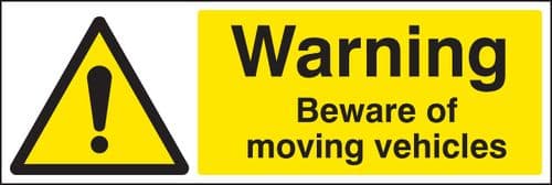 16459M Warning beware of moving vehicles Rigid Plastic (600x200mm) Safety Sign